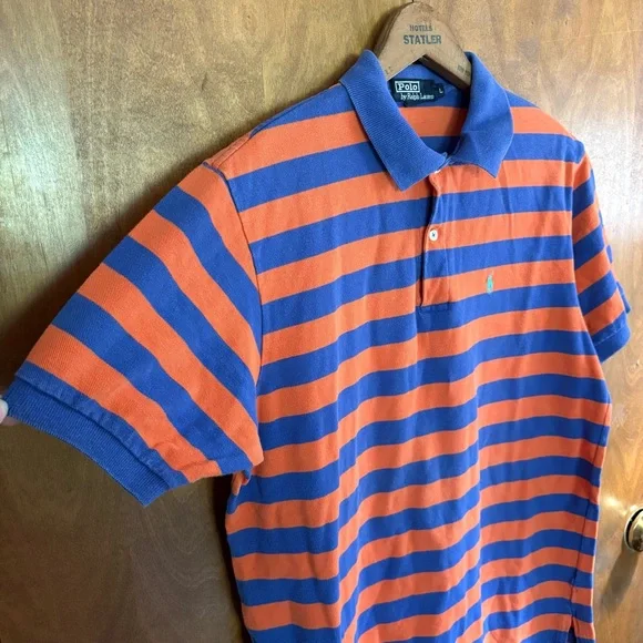 Polo by Ralph Lauren Men's Orange and Blue Striped Polo Shirt Y2K Vintage Rugby - Picture 5 of 16